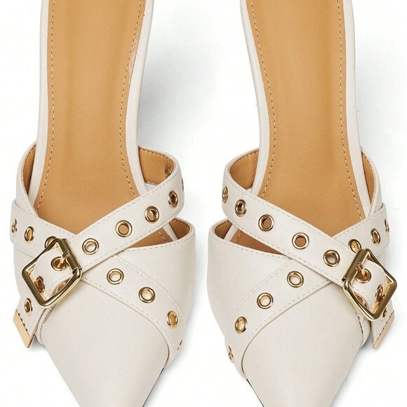 White Elegant Women's Pointed Toe Mules Pumps - Picture 8 of 10